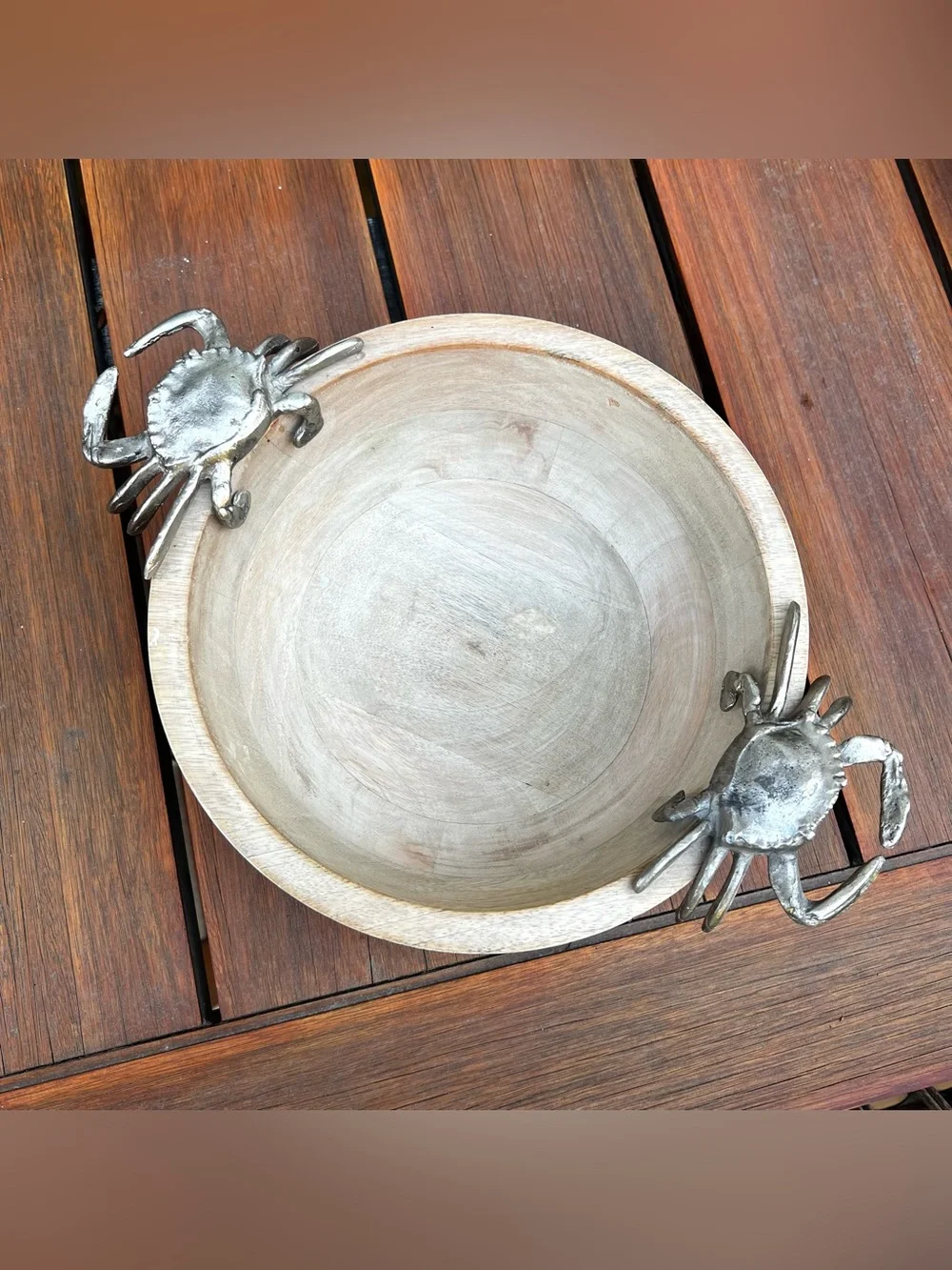 Pier 1 Imports Retired Coastal Theme Wooden Serving Bowl with Metal Crab Handles